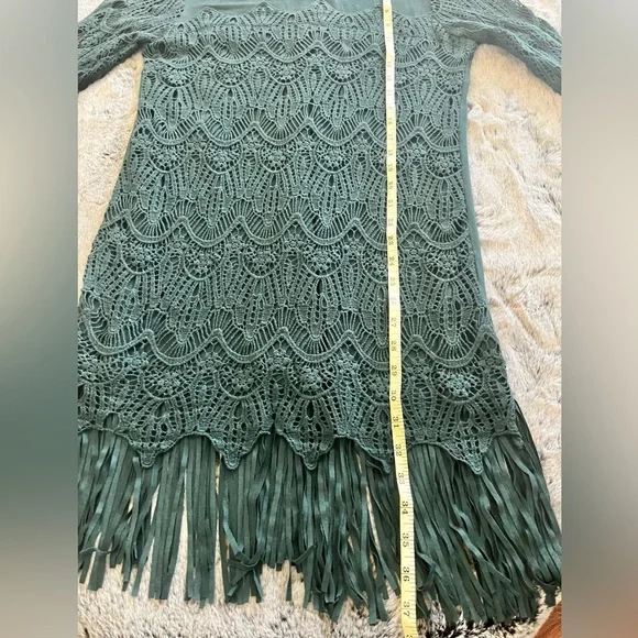 EUC Monoreno Teal Lace Fringe Midi Dress Overlay Sheath 3/4 Sleeve Medium Boho - Picture 10 of 15